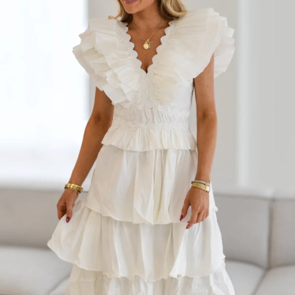 White Jada Ruffle Flirty Midi Dress by Fancy Boutique